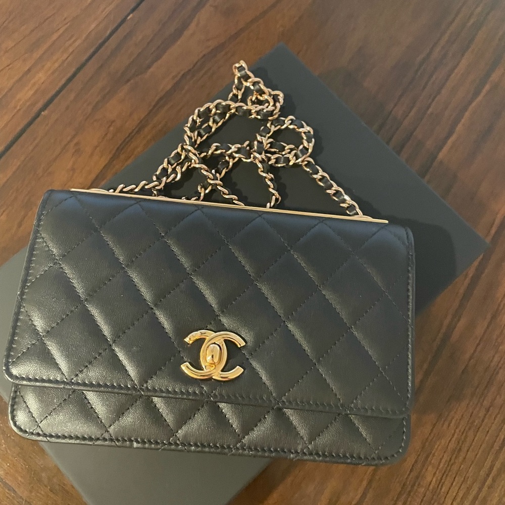 Chanel lamb skin rose gold hardware, trendy wallet on a chain